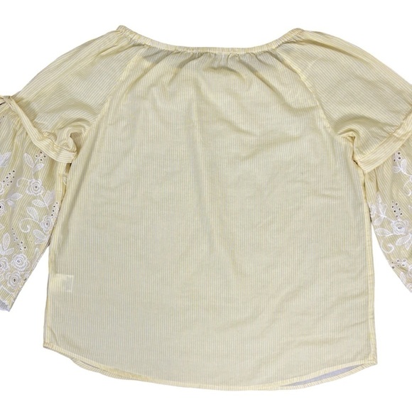 Fever Boho Peasant Blouse with Embroidered Bell Sleeves Yellow White Striped L - Picture 14 of 15